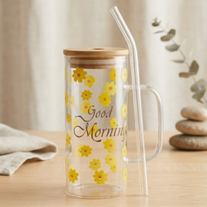floral glass tumbler with handle