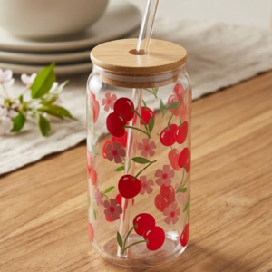 cherry print drinking glass with lid