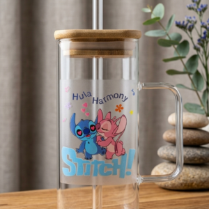 stitch & angel clear glass mug