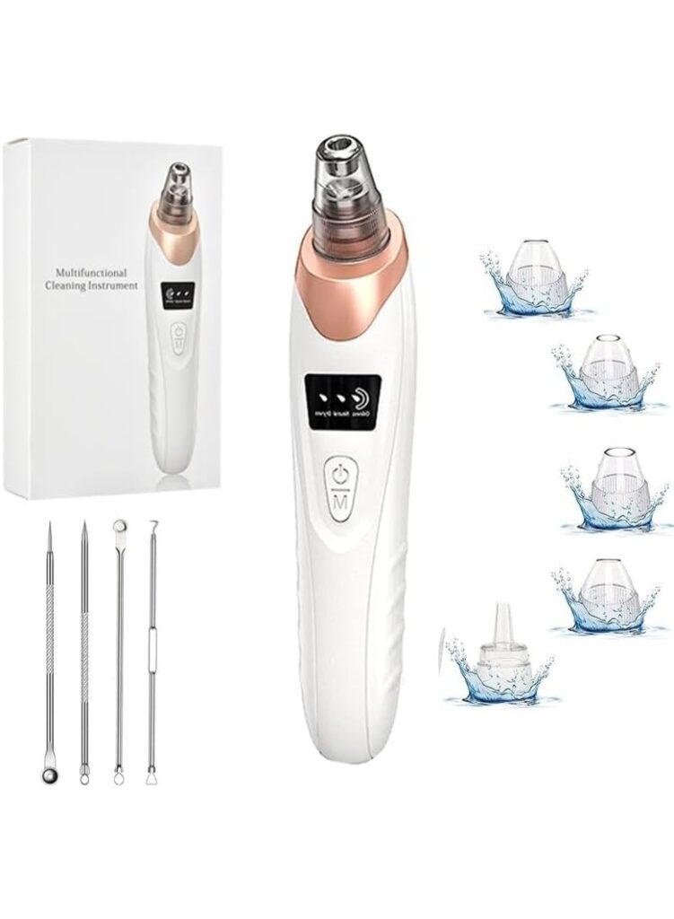 professional blackhead remover vacuum & pore cleaner , 3 suction levels facial extractor kit with usb rechargeable battery, 5 interchangeable probes, and stainless steel pimple popper tool set for deep cleansing & acne removal , white