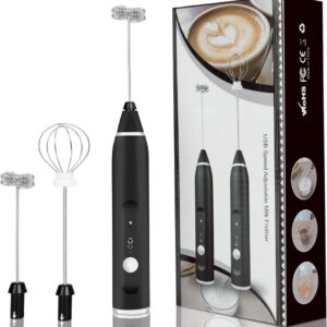 handheld electric milk frother usb rechargeable 3‑speed adjustable foam frother with 3 stainless steel whisks for coffee, latte, cappuccino, matcha, hot & cold drinks – portable manual milk mixer for barista‑style foam