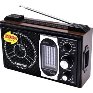 leotec lt 2008 classic portable radio with 11 band fm/mw/sw1 9 reception, high sensitivity signal receiver, wood design ac/dc radio with headphone jack & hand strap, retro vintage wireless audio speaker, black